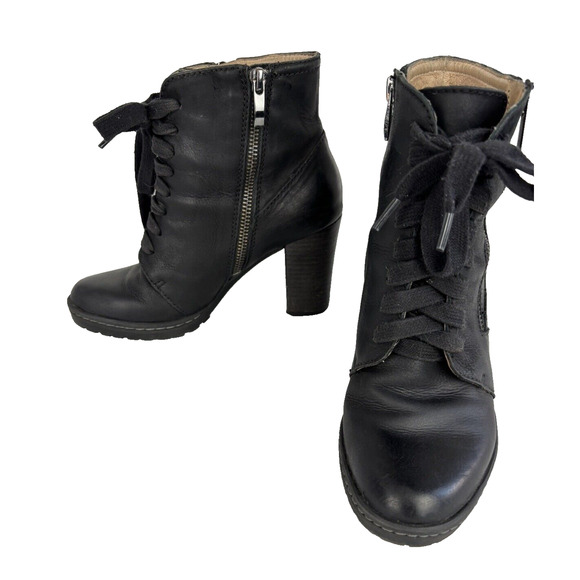 BIALA Black Leather Booties Women Size 6/36M Block Heel Zip-up, Lace-up - Picture 1 of 13